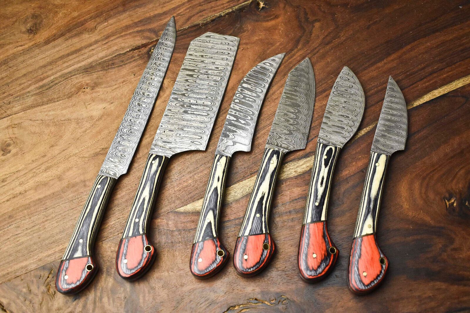 Handcrafted 6-Piece Damascus Steel Chef Knives Set | Custom Hammered Kitchen Blades