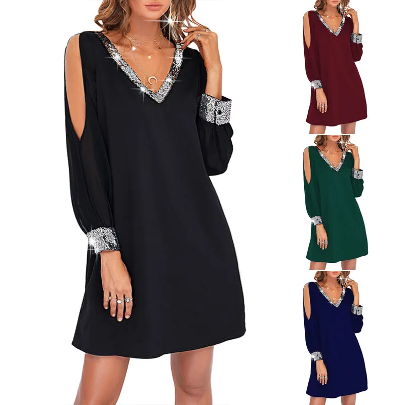 Women's Casual Fashion Deep V-Neck Sequin Splice Dress, Shoulder Bared, Pure Color, Cross-Border Style