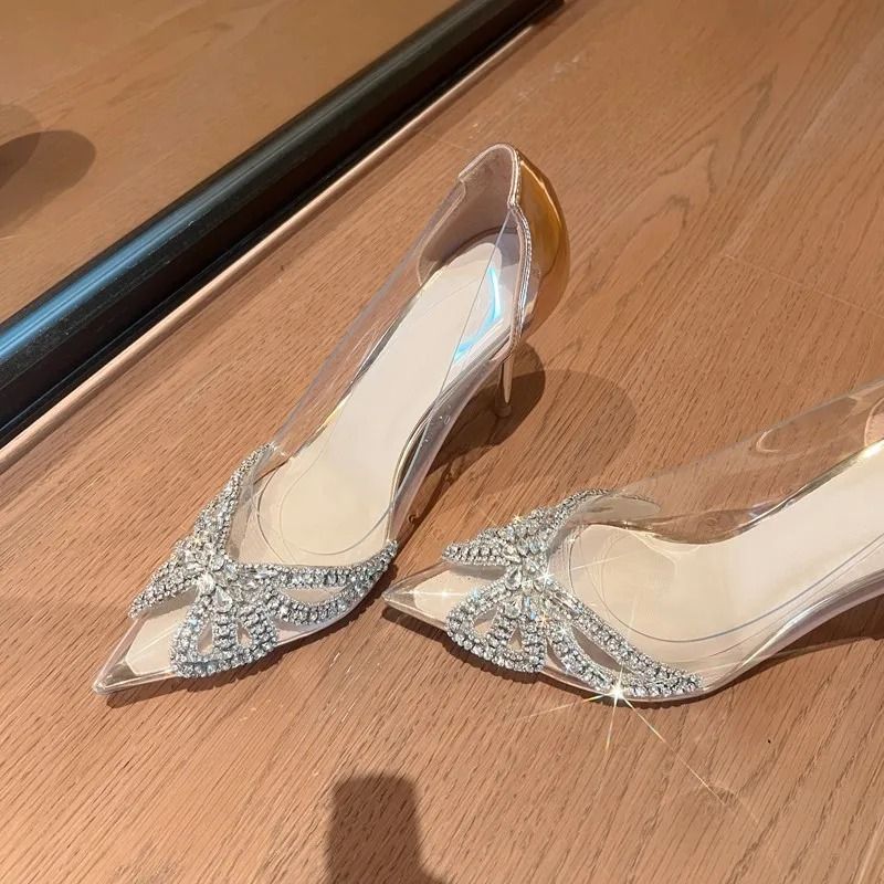 Pointed Transparent PVC Rhinestone Sandals – Elegant Wrapped Back Buckle High Heels