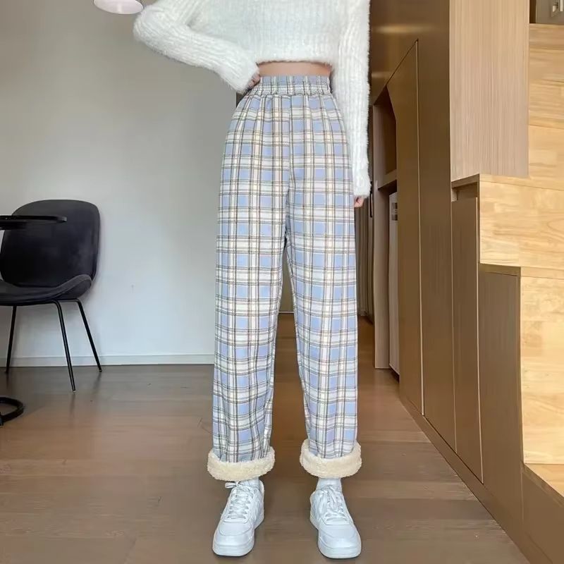 Women's Plush Wide Leg Plaid Pants Warm Cashmere Style Loose Winter Trousers