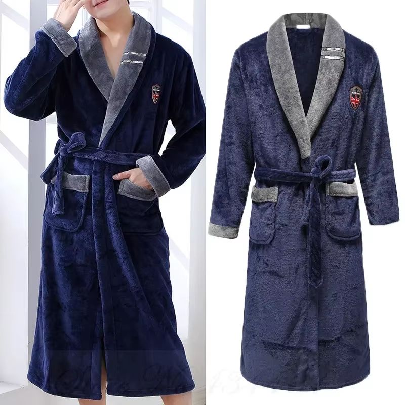 Plus Size Thick Flannel Men's Coral Fleece Kimono Bathrobe Loungewear