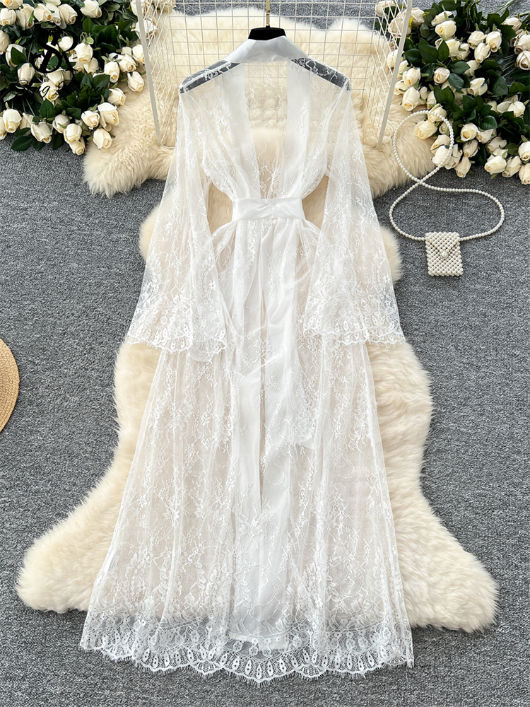 Lace Up Solid Long Sleeve Robes, Elegant Sheer Cardigan Long Robes Female, Fashion Women Transparent Lace Sensual Robes