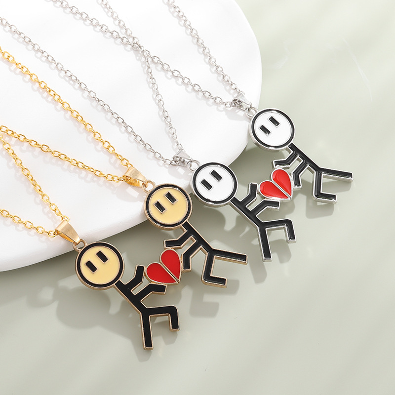 Couple Magnetic Necklace Simple Stickman Charm, Splicing Heart Pendant Jewelry Accessories, Romantic Gift