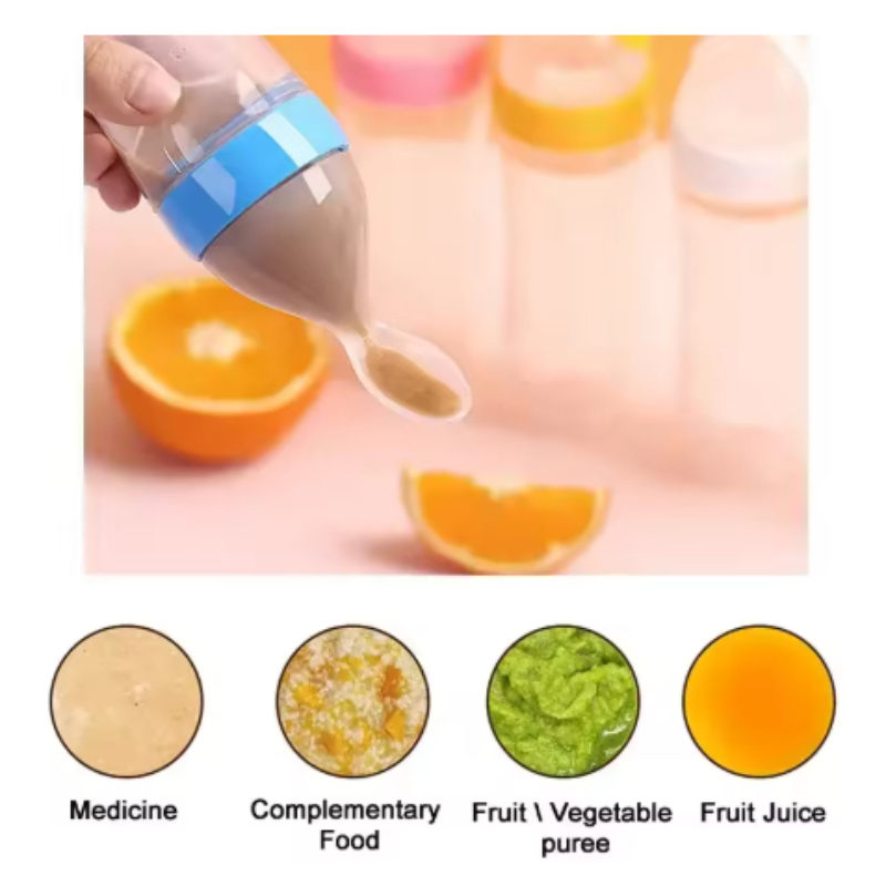 Squeeze Spoon Milk Feeding Bottle Cup, Safe Silicone Baby Bottle with Spoon, Rice Cereal Food Supplement Bottle