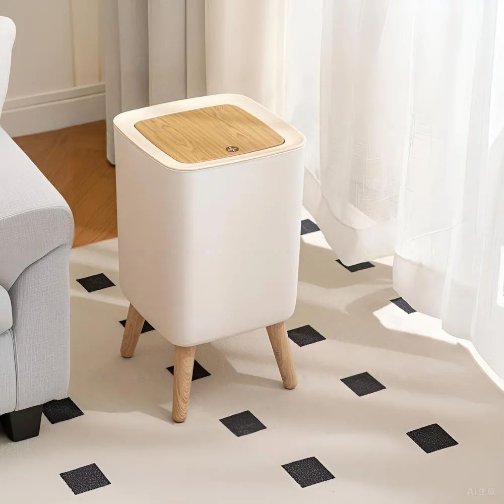 Nordic Clamshell Trash Can with Wood-Grain Lid – Press-Top Odor-Control Garbage Bin