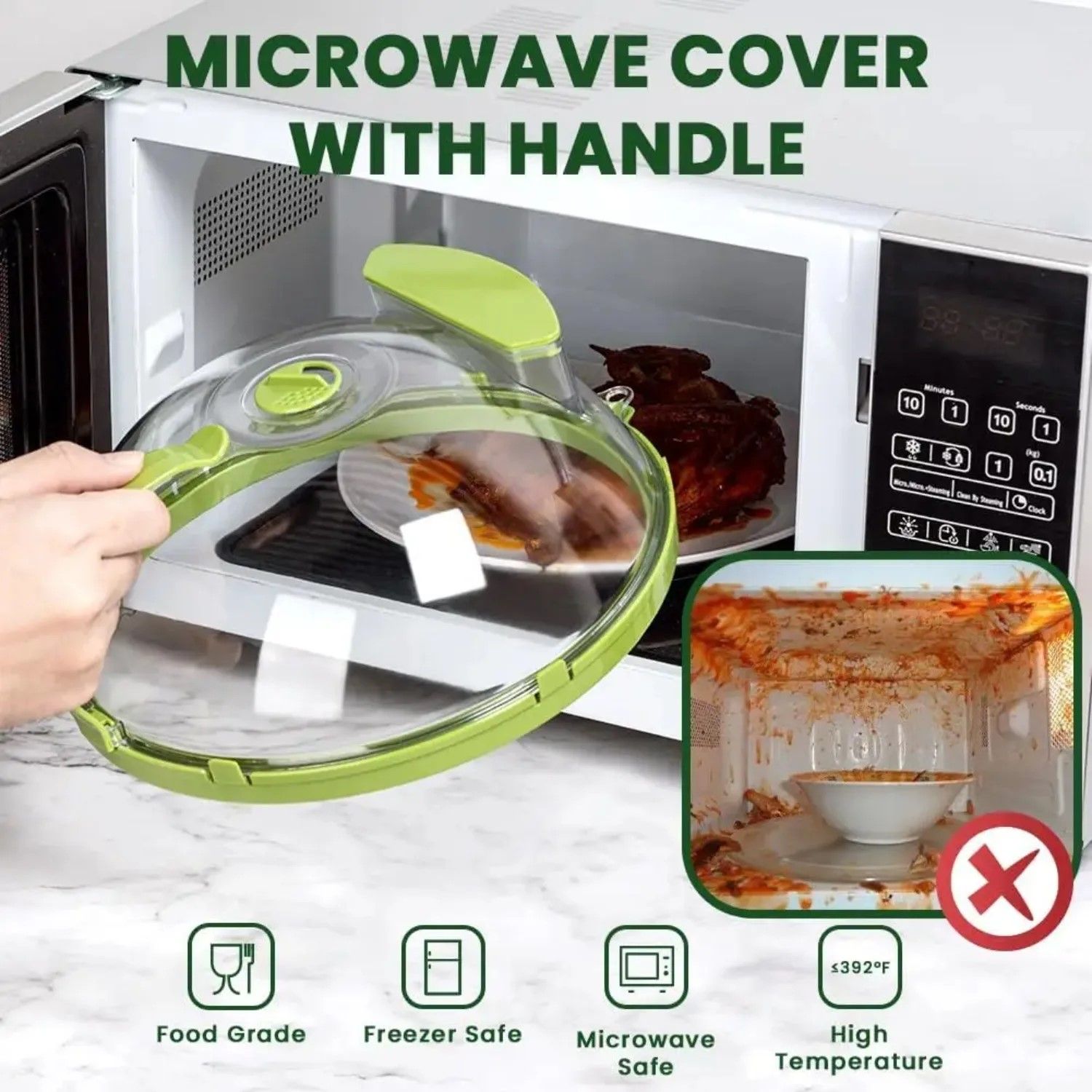 MoistGuard Clear Microwave Splatter Cover with Built-in Water Steamer & Handle – Clear Plate Shield