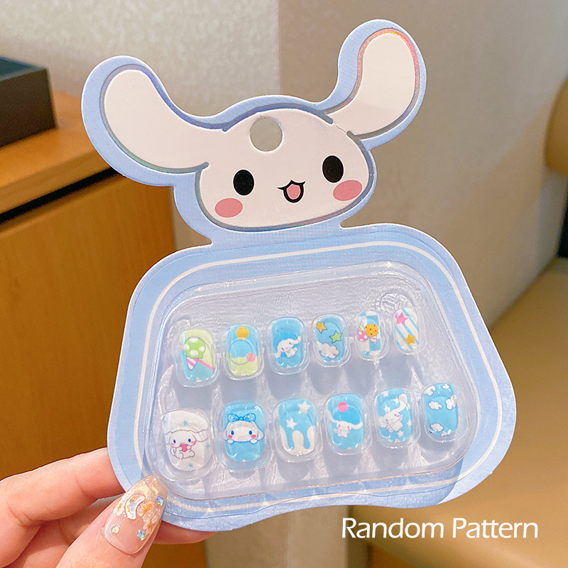 3D Rhinestones Sanrio Hello Kitty, Kuromi, My Melody Kids Press-On Nails with Bows, Self-Adhesive Nail Stickers