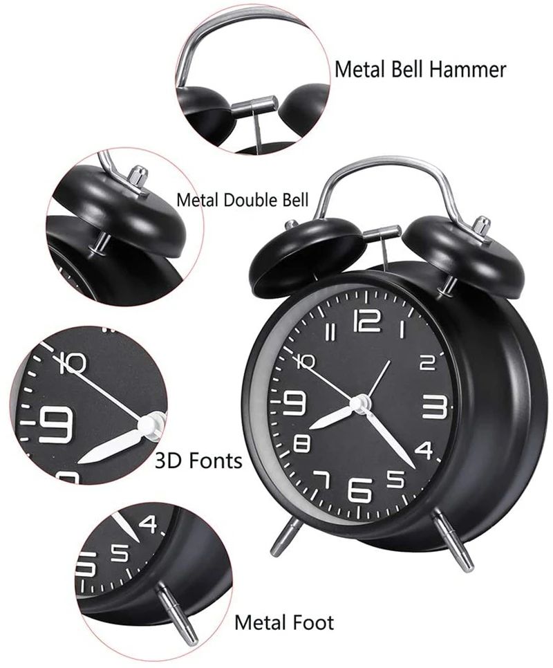Classic Loud Twin Bell Alarm Clock with Backlight – Retro Metal Desk Clock, Battery Operated