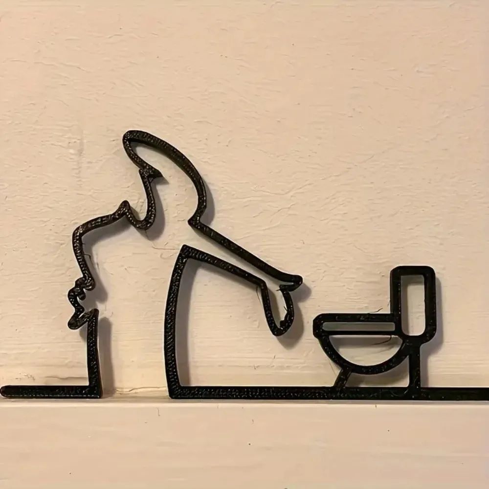 Modern Metal WC Toilet Wall Sign Decor, Black Iron Bathroom Door Plate Self Adhesive 2D Flat Wall Art for Home Office