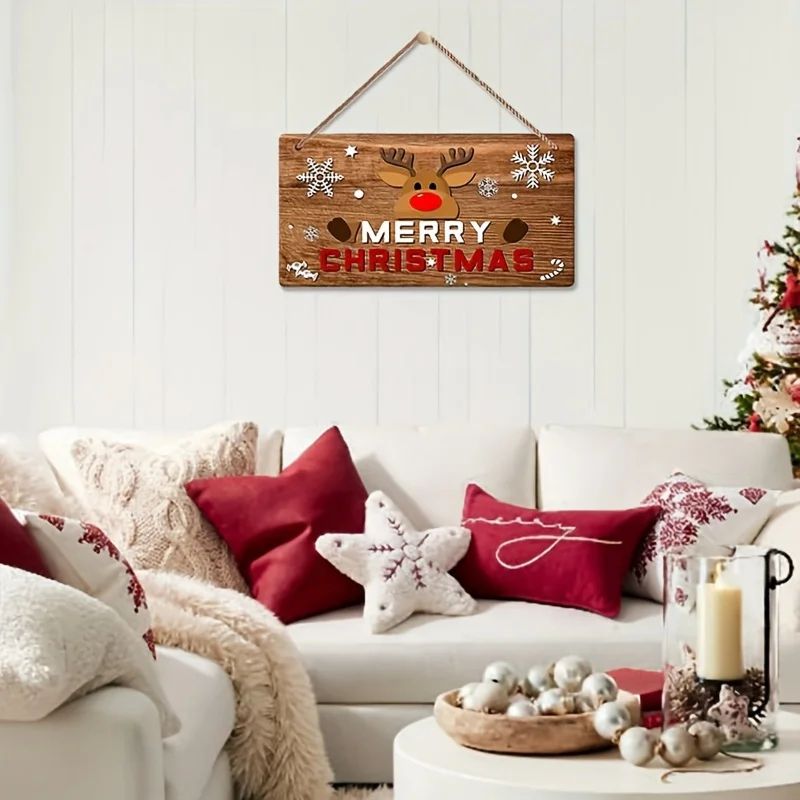 Merry Christmas Decoration, Rustic Christmas Sign with Red Lettering, Brown Background, Reindeer and Snowflakes Holiday