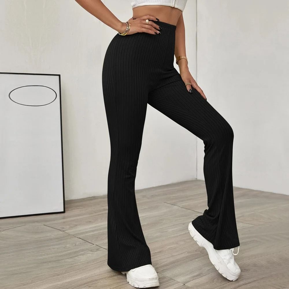 VigoCasey 2025 Casual Knit High Waist Bell Bottom Pants Autumn Winter Solid Office Trousers