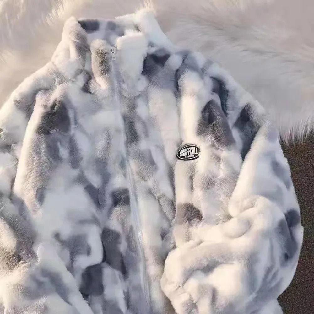 Trendy Tie Dye Fleece Jacket Womens Plush Lamb Wool Zip Up Winter Coat