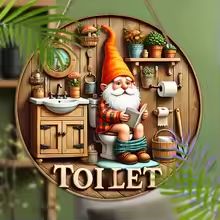 Country Farmhouse Style Wooden Toilet Sign – Charming Dwarf Design Round 8x8 Inch