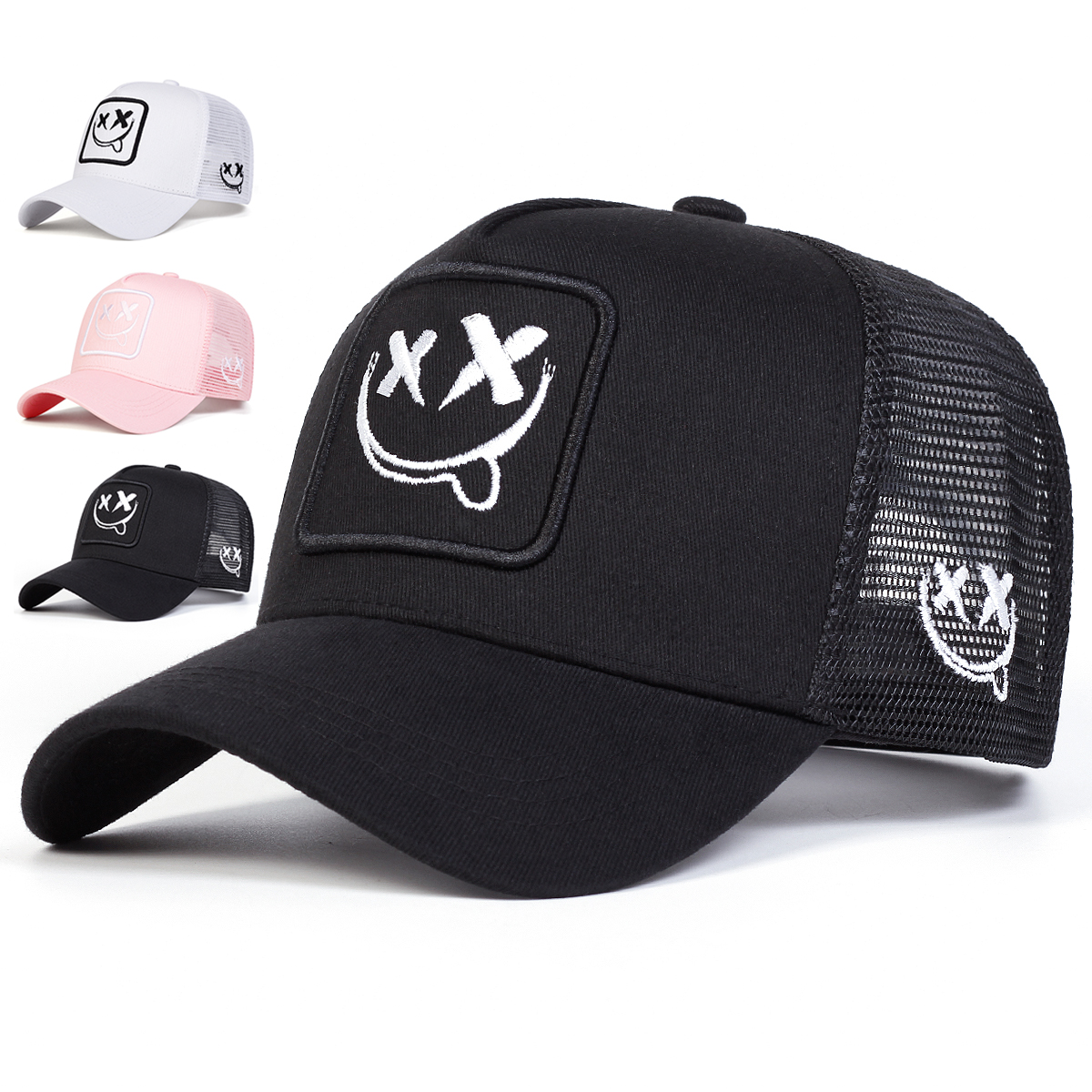Smiling Face Embroidery Baseball Net Cap for Men Women, Adjustable Trucker Hat, Summer Outdoor Sunscreen Cap