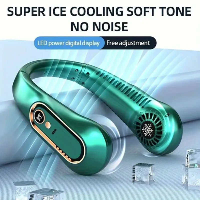Bladeless Portable Neck Fan with Digital Display – USB Rechargeable Hands-Free Neckband Cooler