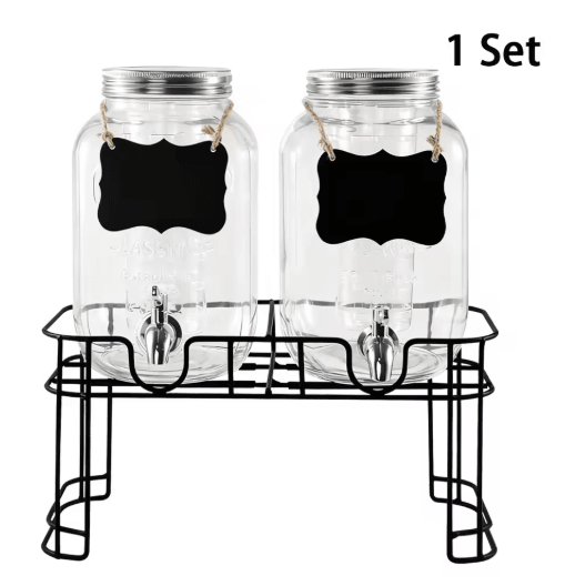 Elegant Glass Drink Dispenser Set 1 Gallon Beverage Dispenser with Stand & Steel Faucet 2 Pack