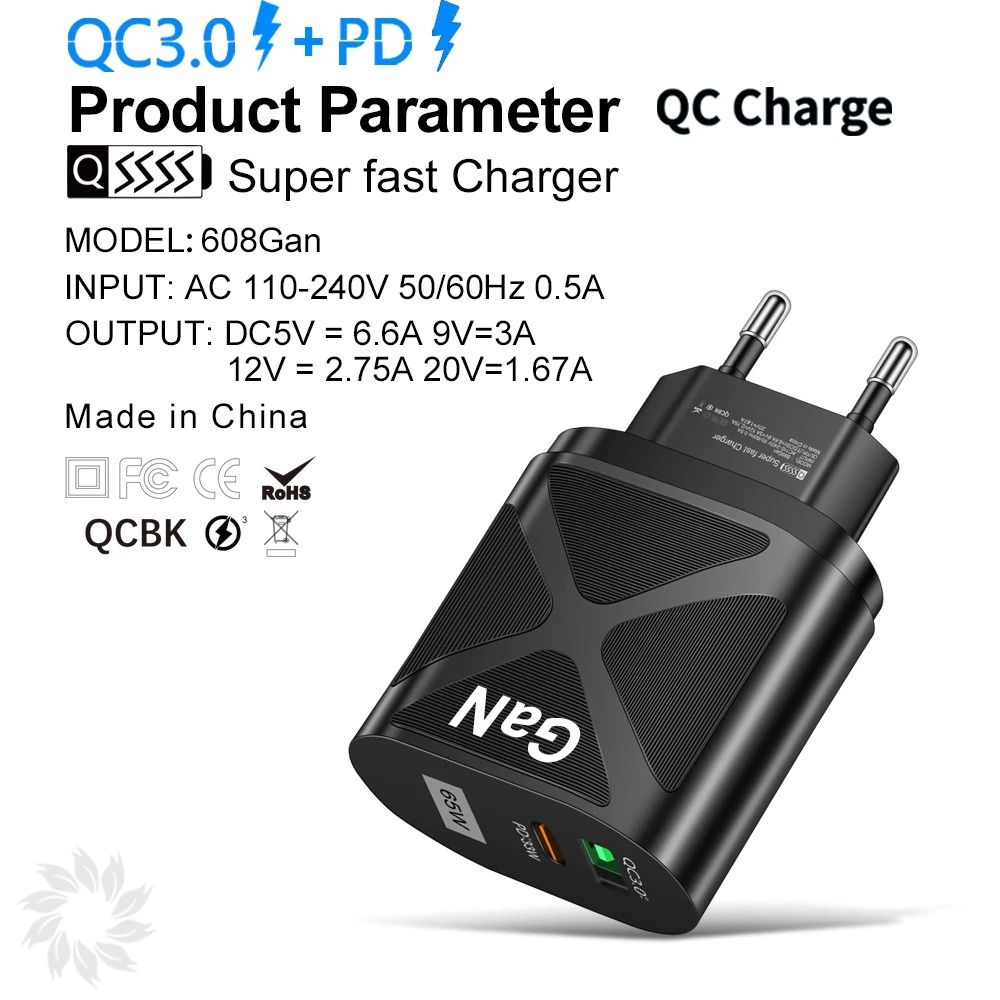 65W GaN High-Fidelity USB-C and Quick Charge 3.0 Fast Charging Power Hub