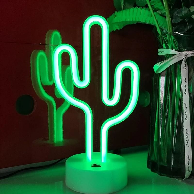 Cactus Neon LED Sign Table Lamp with USB or Battery Power for Room Decor and Parties