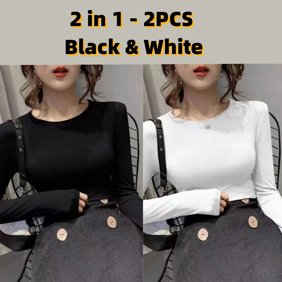 Womens Slim Fit O-Neck Long Sleeve Basic T-Shirt – Stretchy Ribbed Knit Casual Top