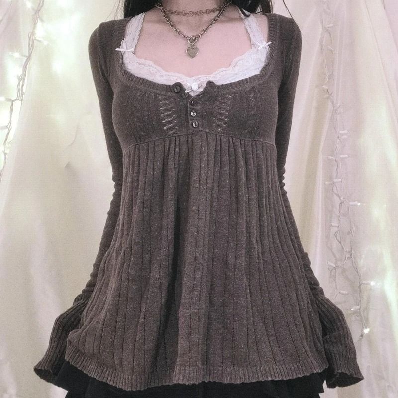 2000s Vintage Long Sleeve Babydoll Knitted Sweater – Cottage Milkmaid Y2K Aesthetic Pullover