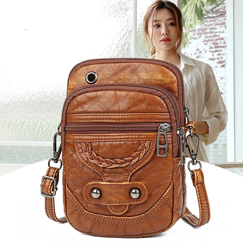 Vintage Multi-Functional PU Leather Crossbody Bag for Women Stylish Handbag Cell Phone Purse