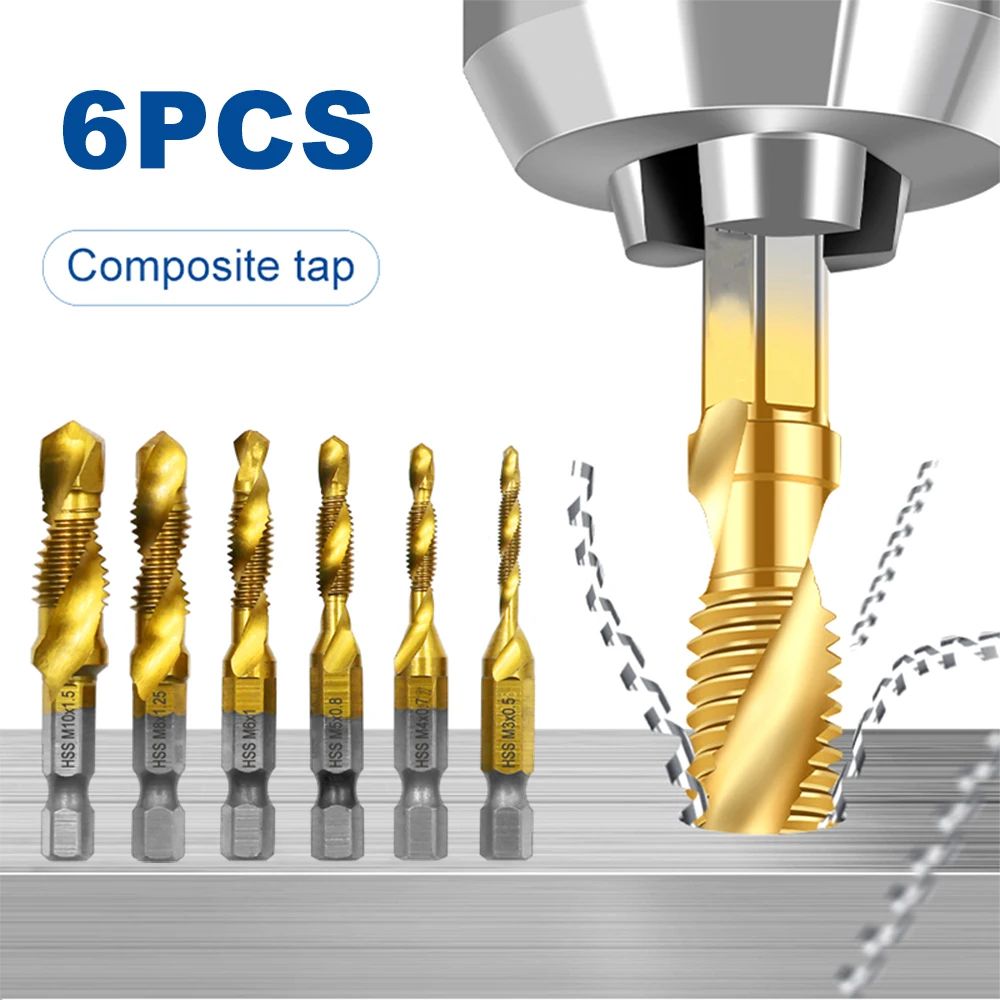 Mr Drill 6 Pcs Titanium-Plated 4341 HSS Drill Tap Combo Set - Hex Shank Tap + Chamfer Bits for Metal & Wood