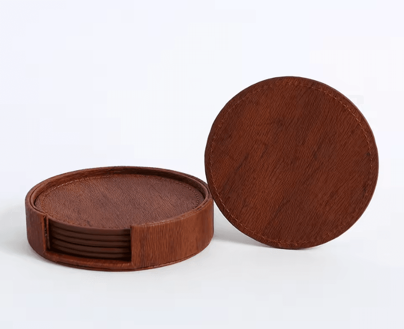 Elegant Wood Grain Leather Drink Coasters Set 6 Piece Insulated Non Stick Cup Placemats