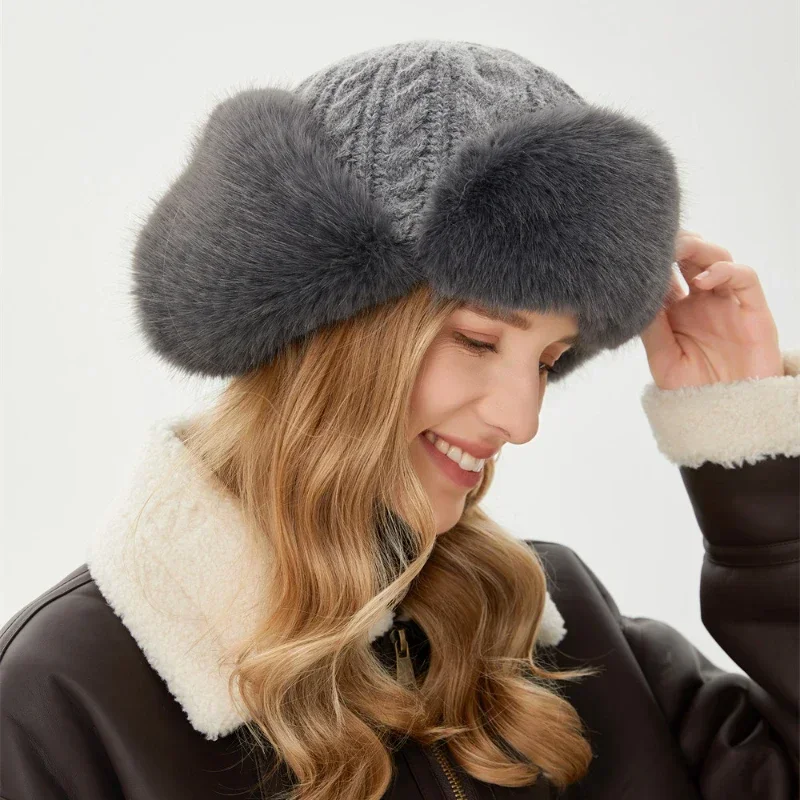 Womens Russian Caps Fur Winter Thickened Warm Knit Ushanka Earflap Pilot Hat Ski Snow Bomber Hat