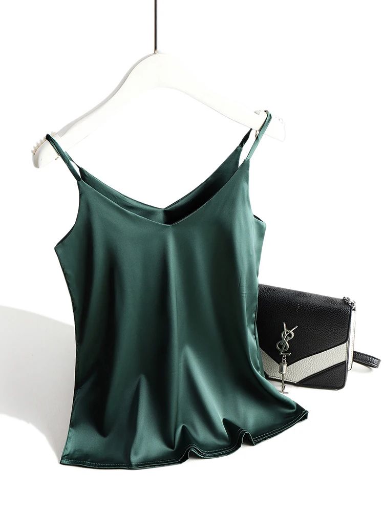 Women's Satin Silk Halter Cami – White Backless Spaghetti Strap Summer Top
