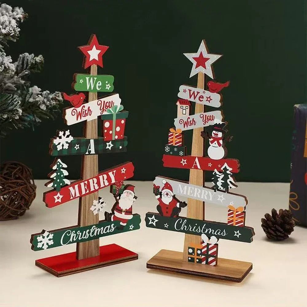Wooden Christmas Tree Desktop Decoration With Santa And Holiday Accents