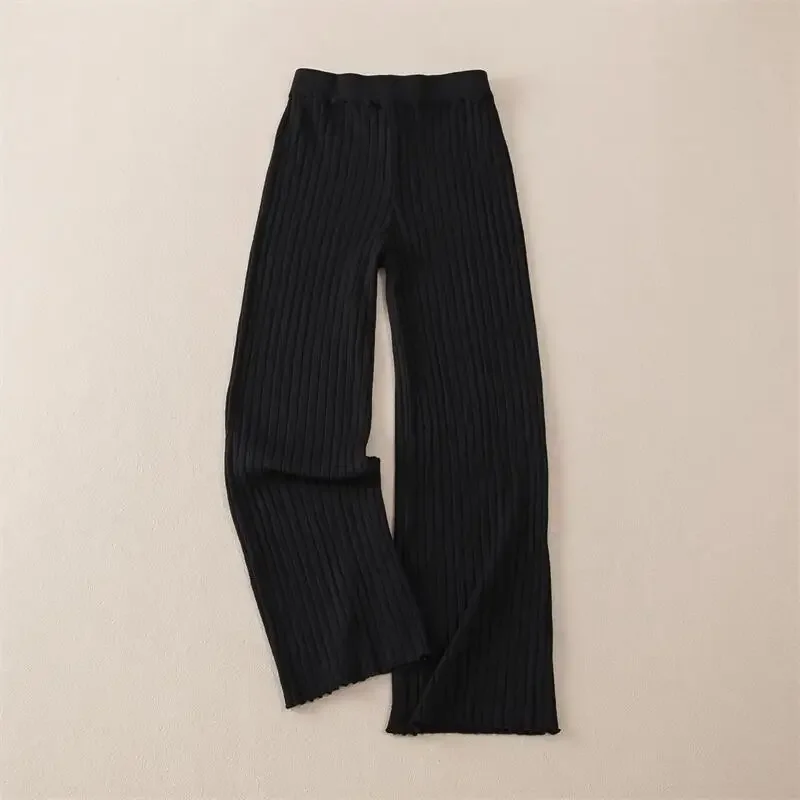 Women Autumn Winter Thick Knitted Pant, Wide Leg Fashion Straight Trousers, Casual Elastic Knit Pants Striped Pantalon