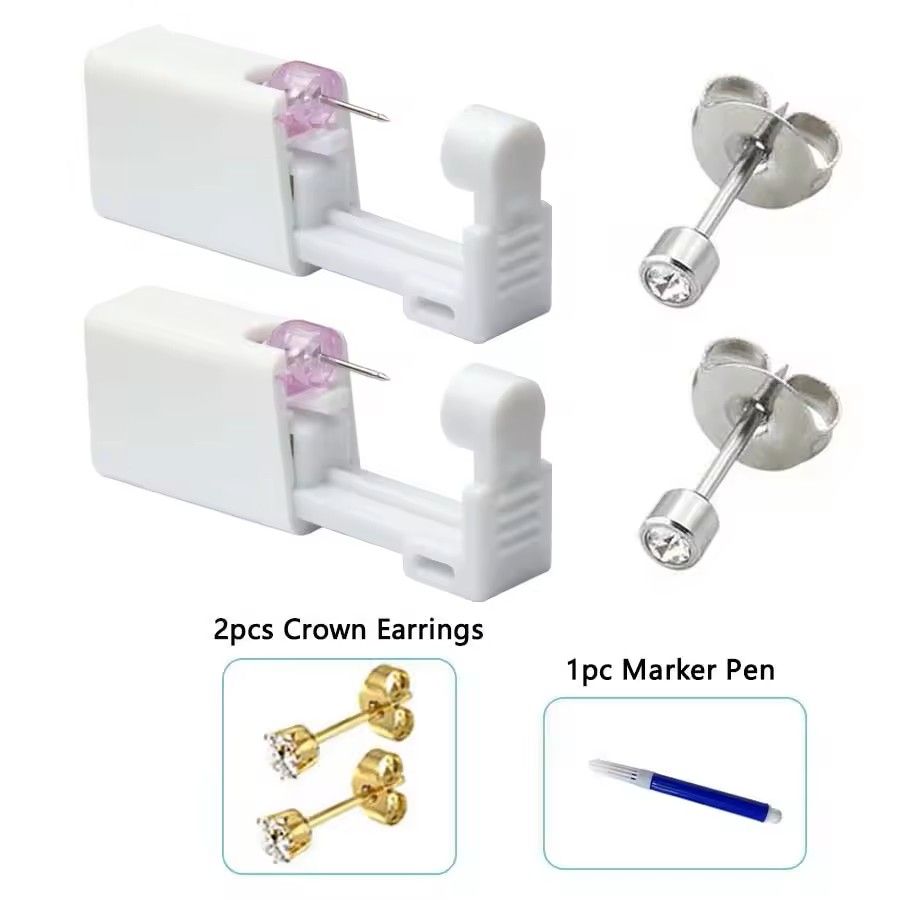 2PCS Disposable Ear Piercing Kit – Built-in Stud Guns + Bonus Cubic Zirconia Earrings | Safe & Easy Home Use Tool