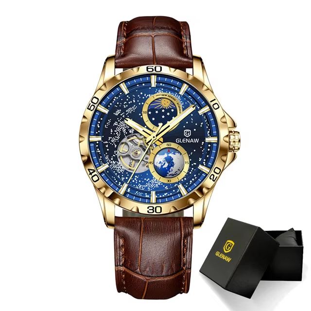 GLENAW Rotating Earth Automatic Mechanical Watch – Double Second Hand Men's Luxury Wristwatch with Starry Sky Dial and S