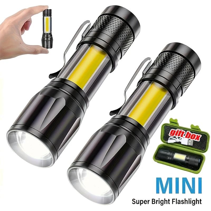 USB Rechargeable Mini COB and XPE LED Flashlight with Zoom and Pen Clip