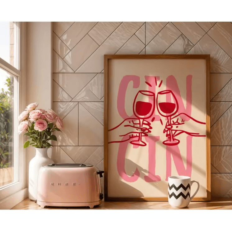 Cin Cin Cheers Pink Cocktail Poster Set – Retro Kitchen & Bar Wall Art (Frameless)