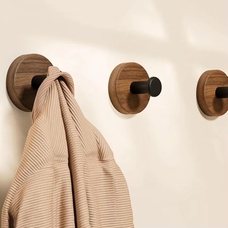 Walnut Wood Adhesive Door Hook Rack - No-Drill Wooden Hanger for Home
