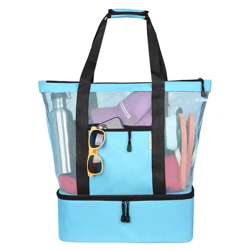 Large Capacity Mesh Beach Bag with Insulated Double Layer Transparent Tote