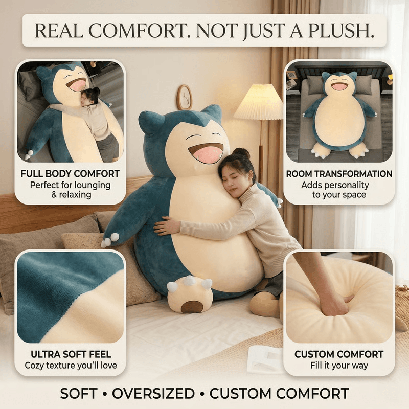 Giant Snorlax Plush Pillow for Cozy Cuddles, Naps, and Room Comfort Everyday