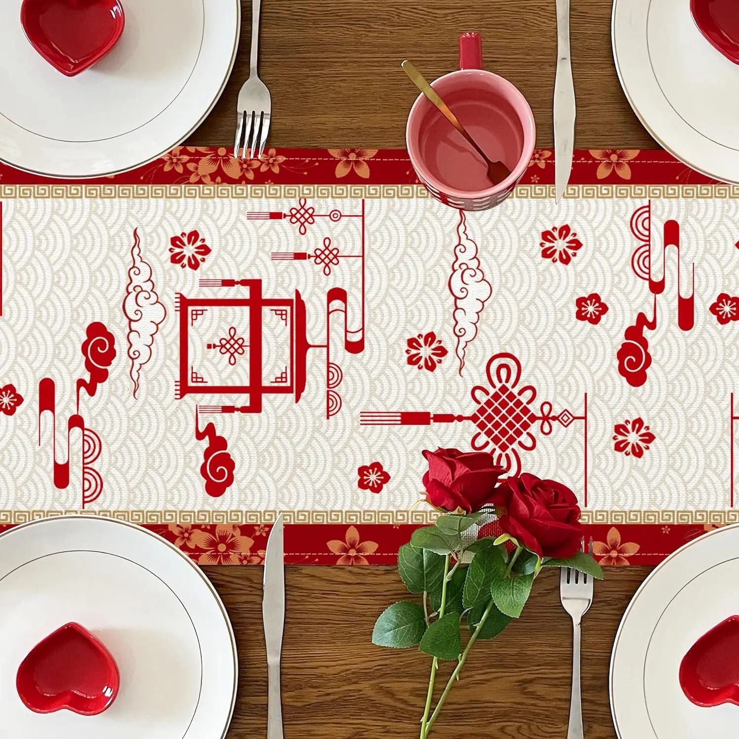 Chinese New Year Dragon Linen Table Runner Spring Festival Dining Decor