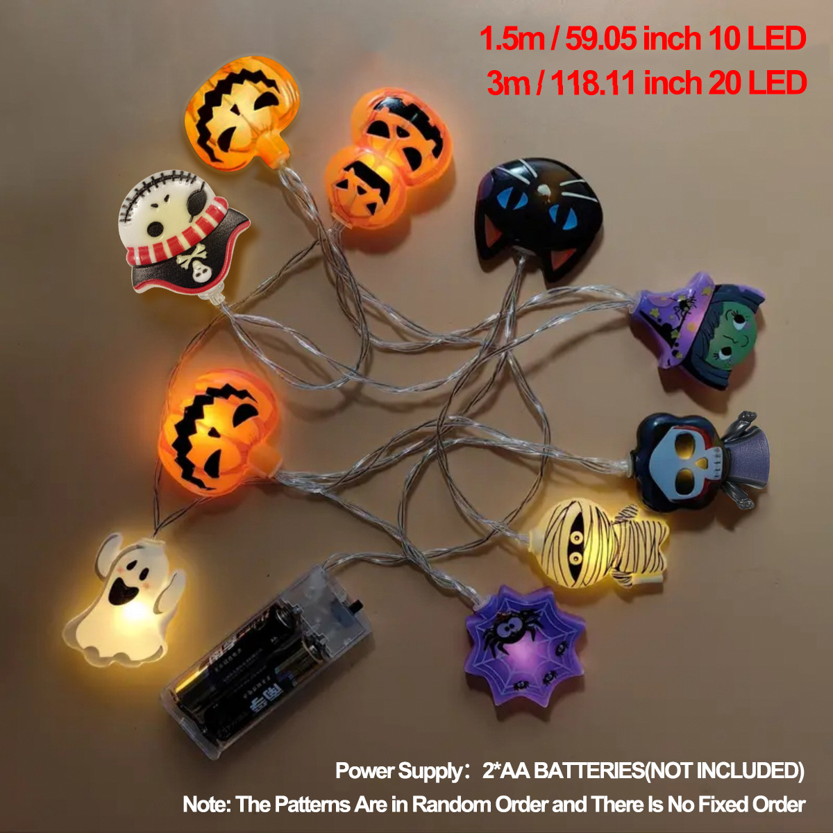 Halloween LED Battery Powered String Lights, Ghost, Witch, Cat, Pumpkin, Spider Web, Skeleton, Mummy & Pirate Shapes