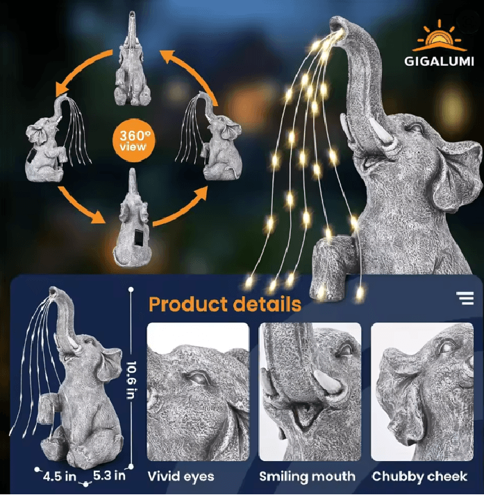 EleLight Solar Elephant Statue with String Lights for Garden and Patio Decor