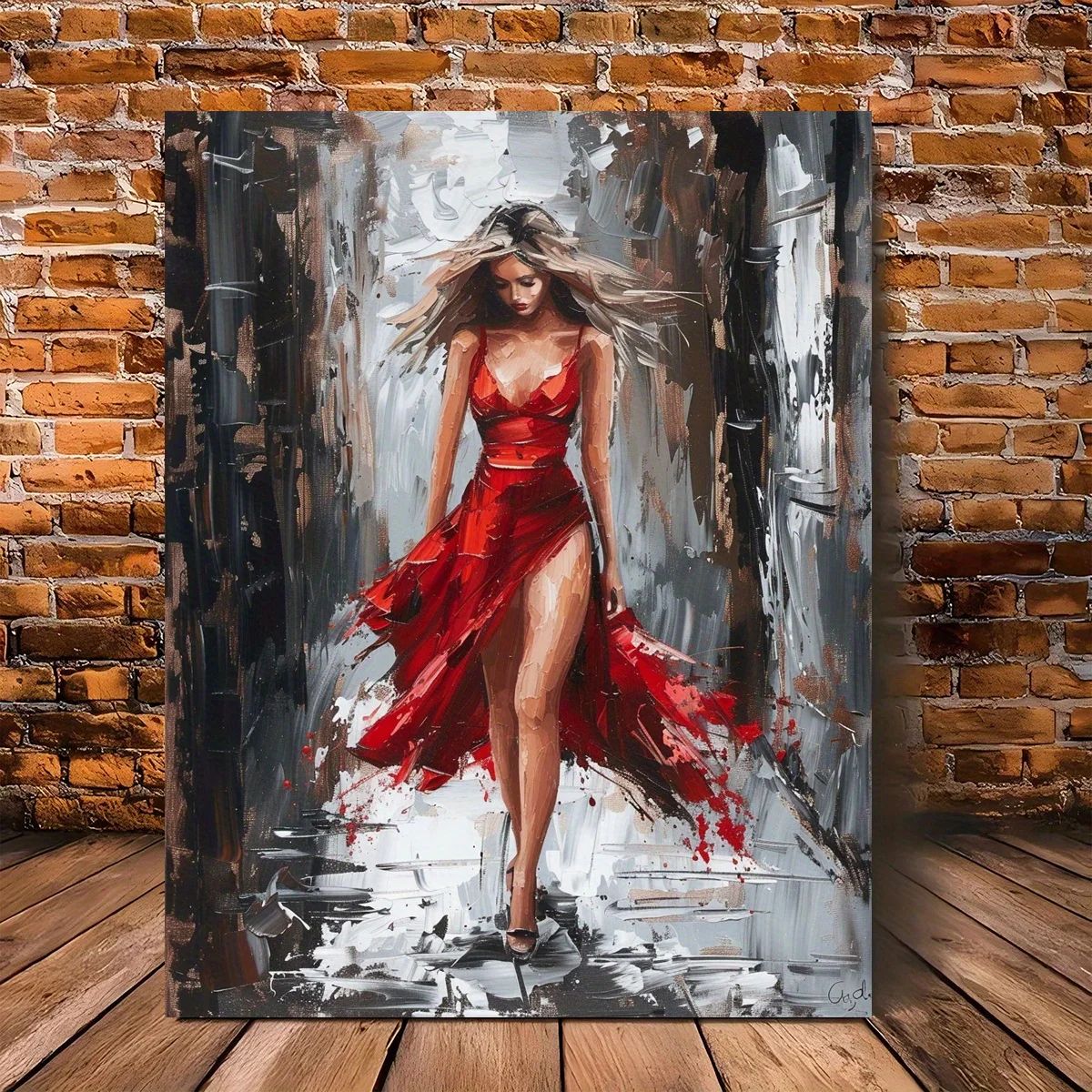 Elegant Woman Canvas Wall Art with Wooden Frame – Red Dress Modern Office & Home Decor