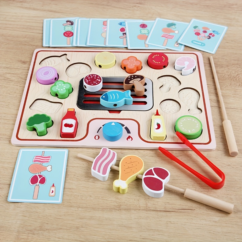 Wooden BBQ Grill & Serve Toy, Montessori Cooking Playset for Kids, Pretend Food Kitchen Gift for Boys Girls