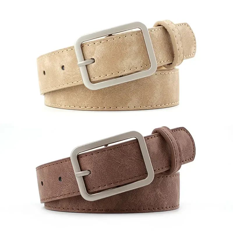 Womens Retro Leather Belt w/ Silver Square Pin Buckle - Fashion Jeans Waist Belt, Adjustable Student Waistband