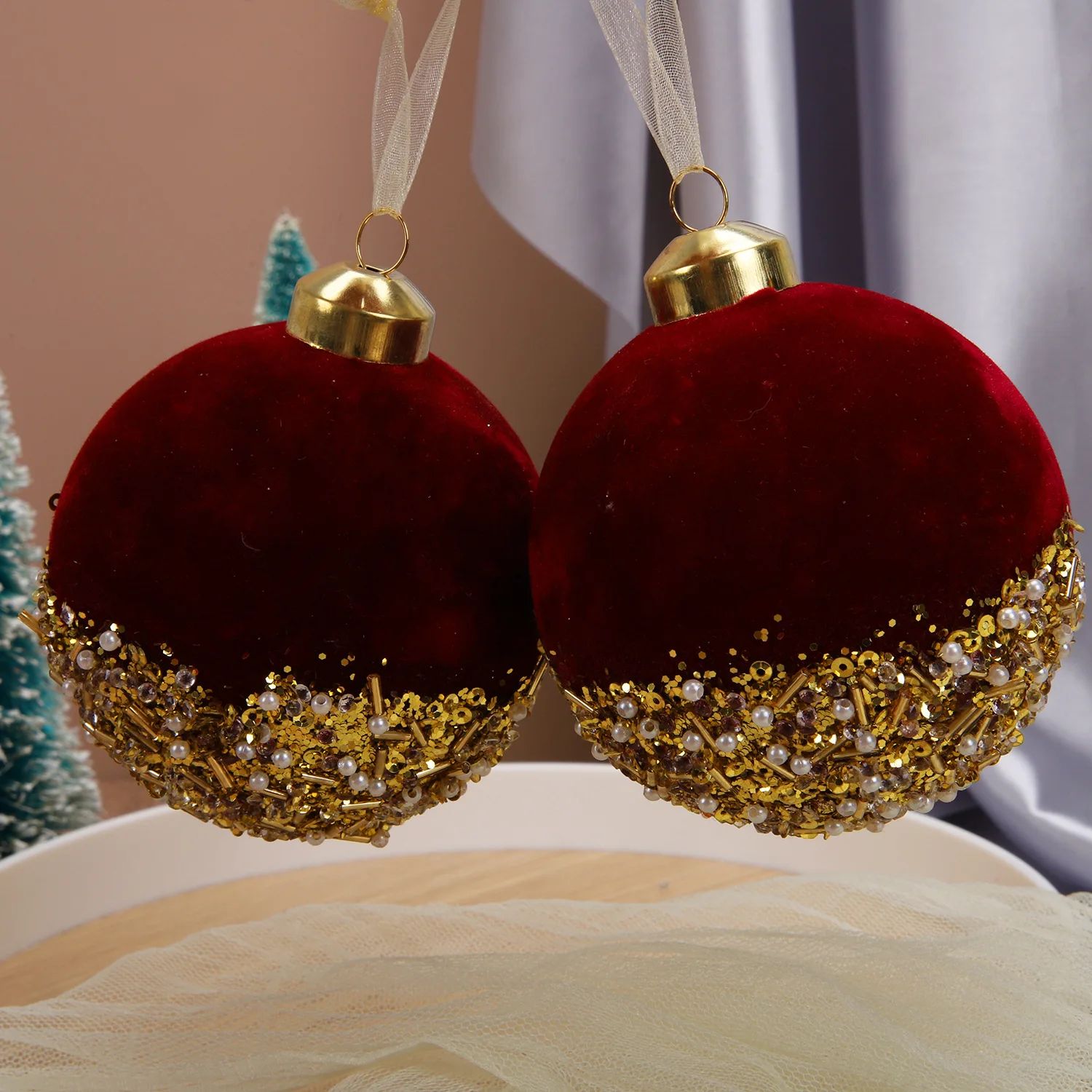 Red Glitter Velvet Christmas Ball Tree Ornaments
