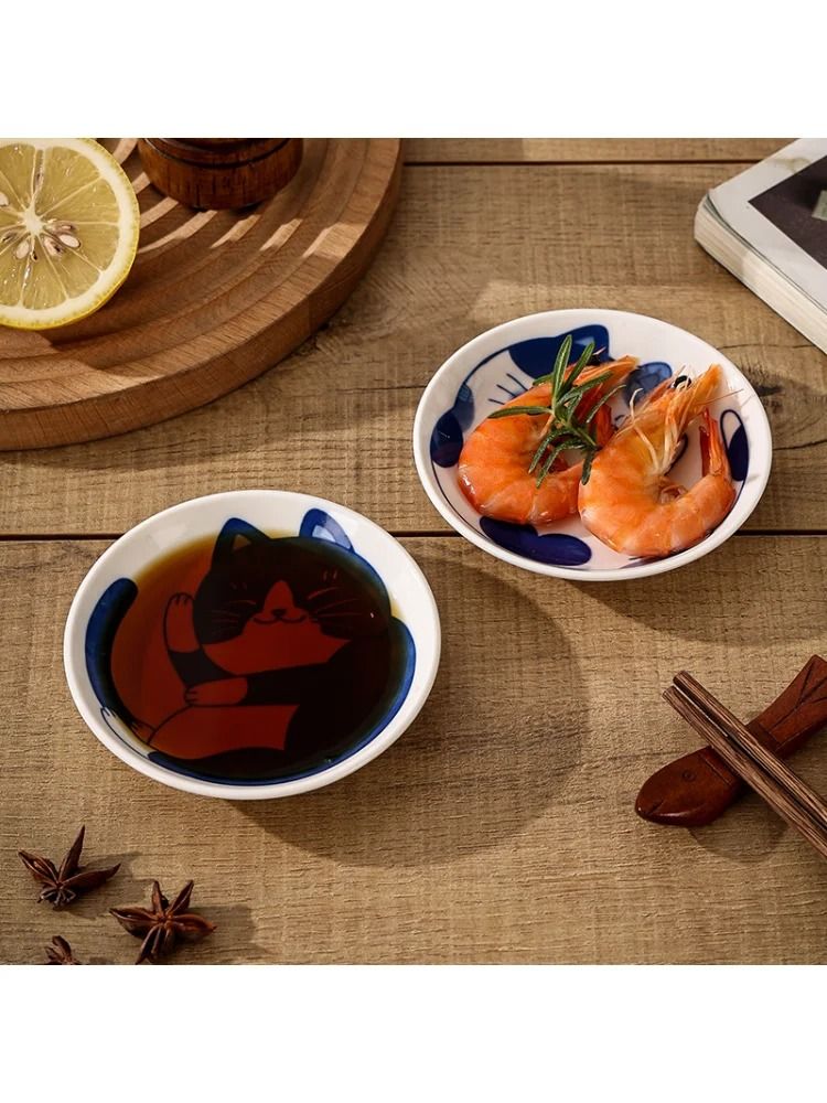 Japanese Style Ceramic Dessert Sauce Dish with Lucky Cat Design