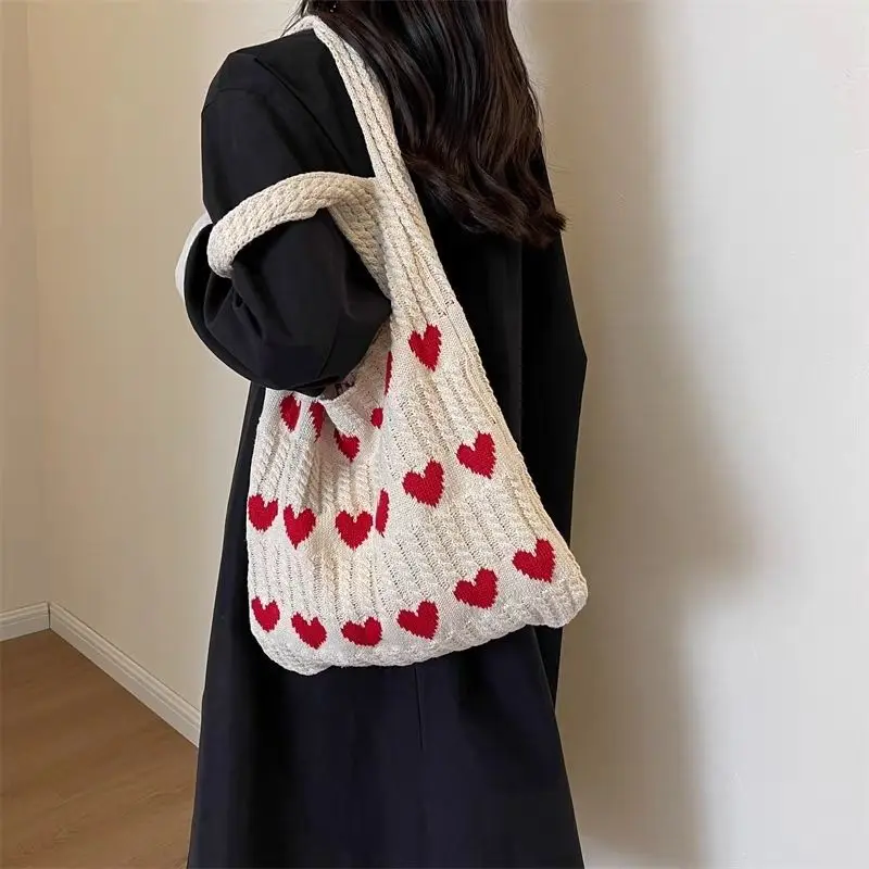 Summer Women's Handmade Knitted Bag Woolen Underarm Shoulder Love Bag