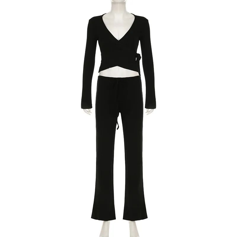 Absobe Women's Autumn Winter Knit 2-Piece Lounge Set – Flare Sleeve Crop Cardigan & Wide-Leg Pants Outfit