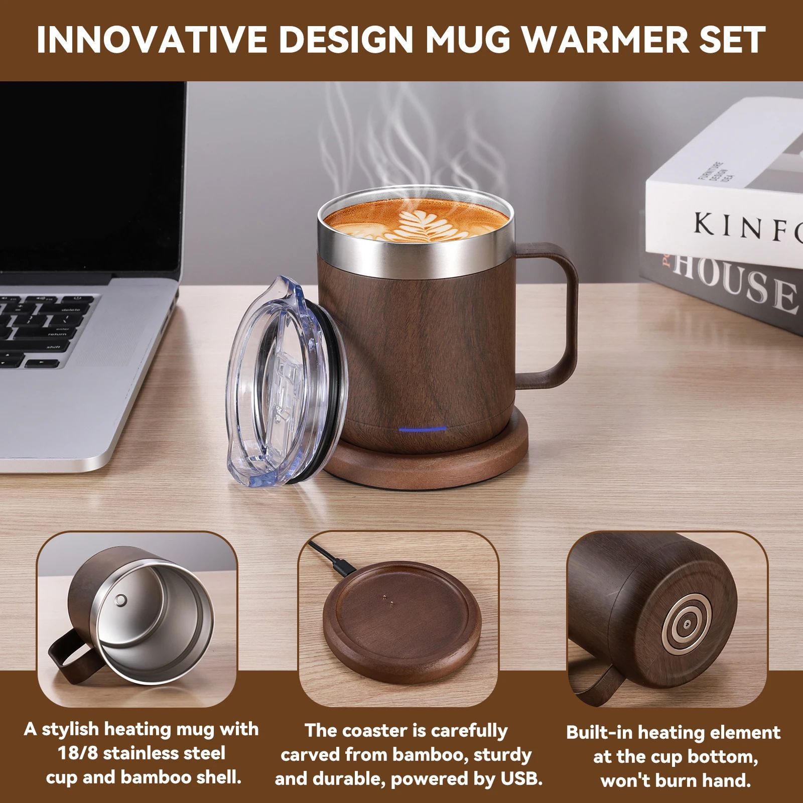 Self Heating Smart Coffee Mug with USB 55C Warmer
