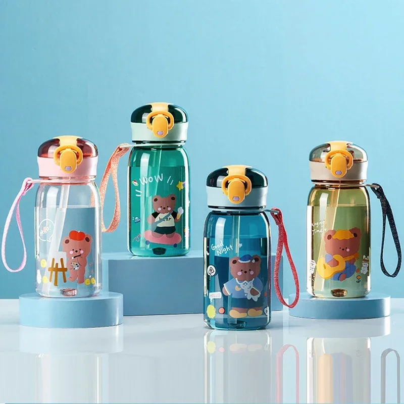 Portable Bear Water Bottle for Kids Leakproof BPA Free Cartoon Sippy Cup with Straw